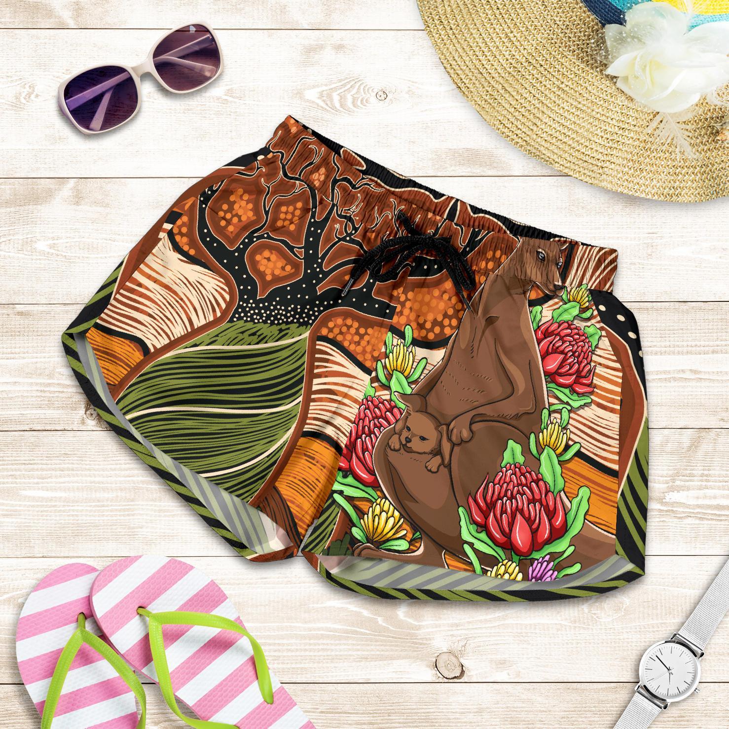Aboriginal Women's Shorts - Kangaroo With Indigenous Tree - Vibe Hoodie