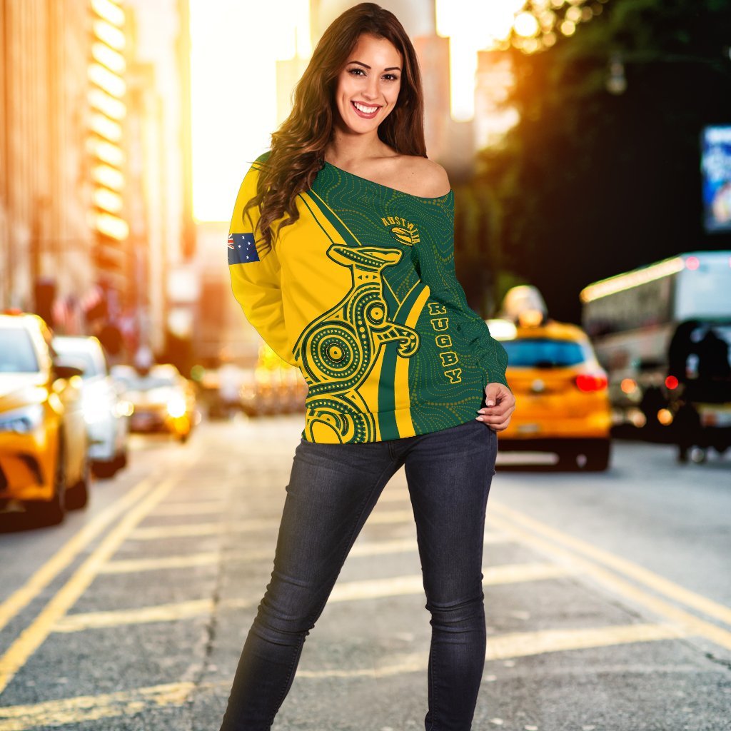 Rugby Off Shoulder Sweaters - Australian Rugby Kangaroo & Aboriginal Patterns - Vibe Hoodie