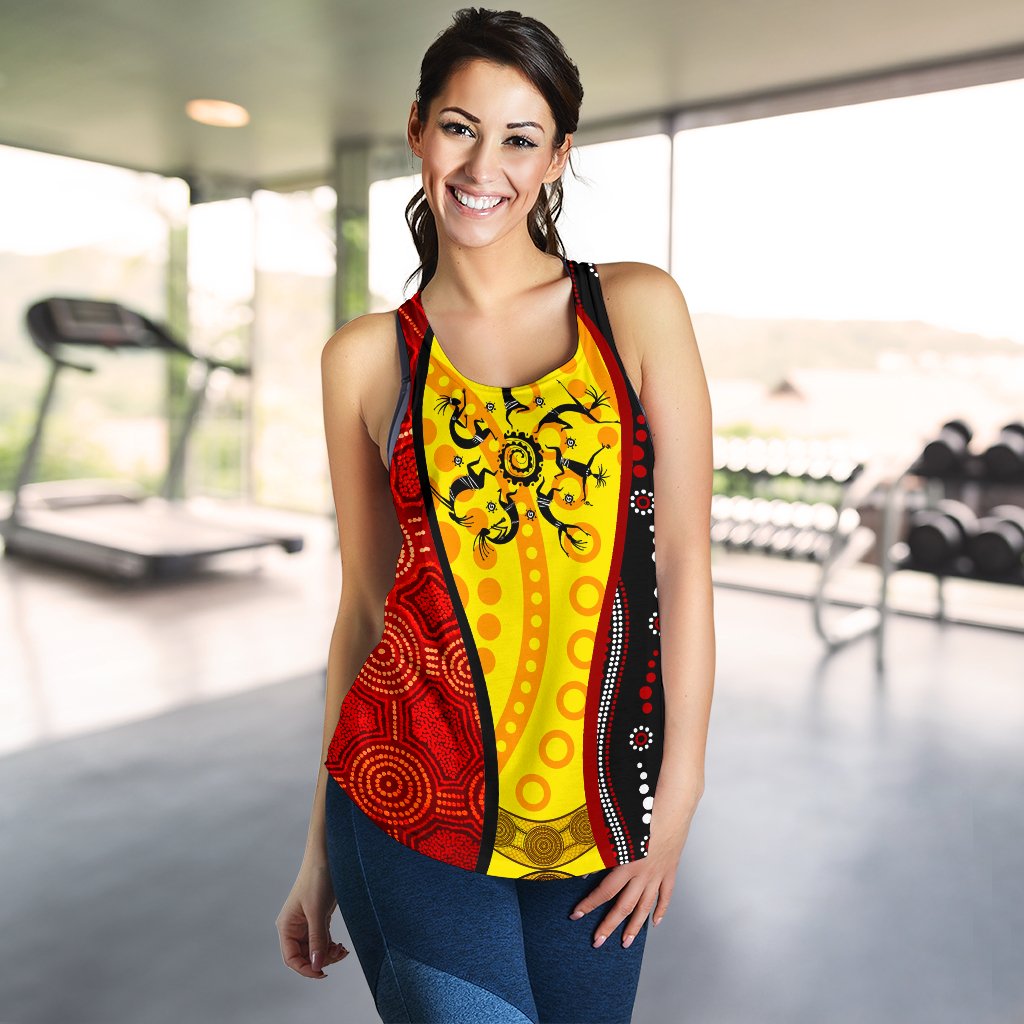 Aboriginal Racerback Tank - Dreamtime Koori Dance & Dot Acrylic Paint - Vibe Hoodie