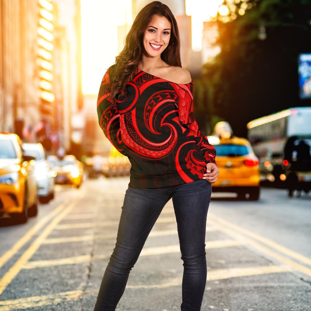 New Zealand Maori Mangopare Women Off Shoulder Sweater Polynesian - Red - Vibe Hoodie