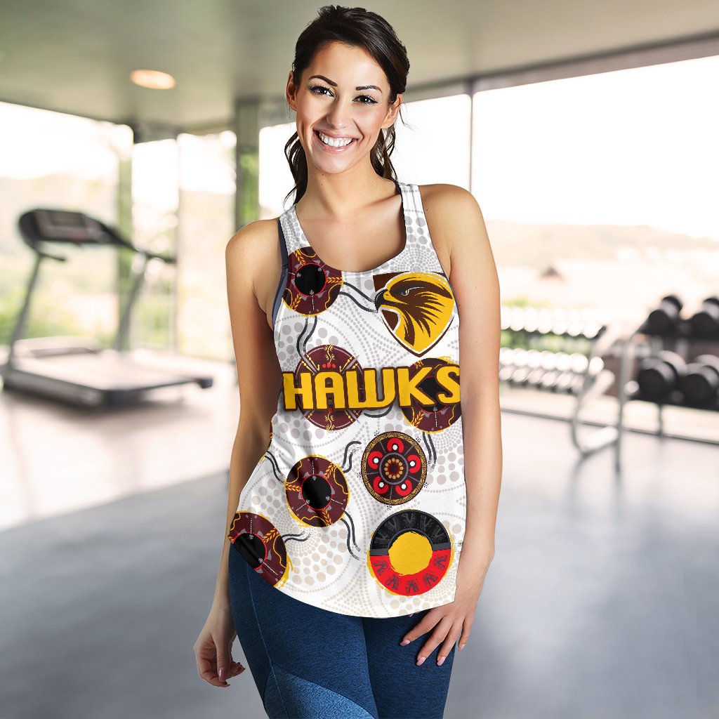 Hawthorn Women Racerback Tank Hawks Indigenous - White - Vibe Hoodie