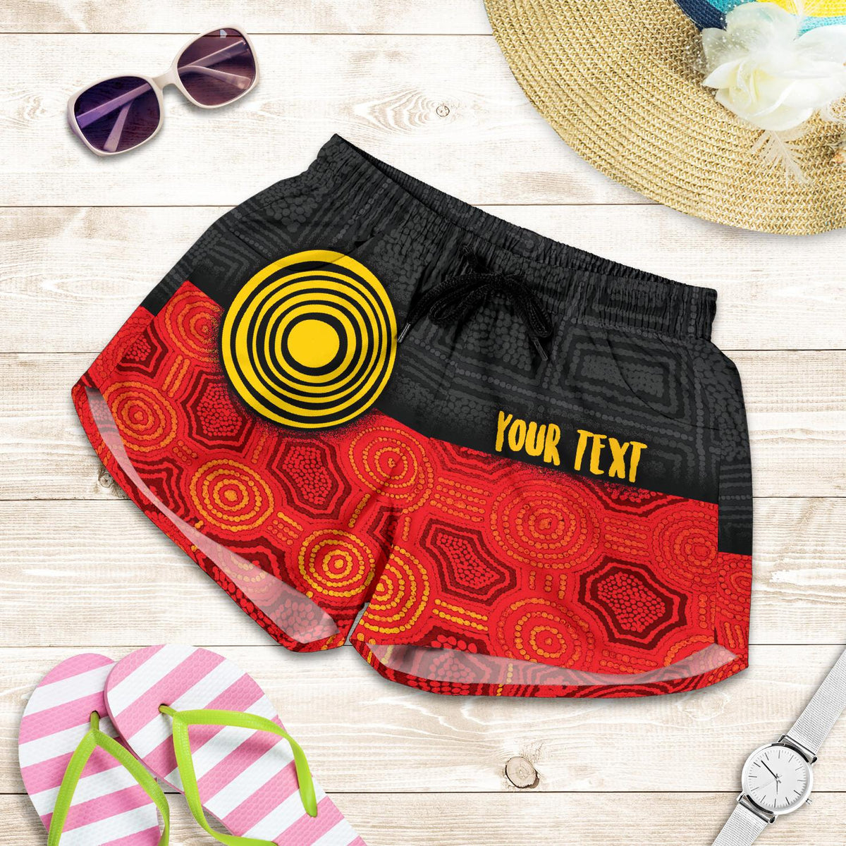 Personalised Aboriginal Women's Shorts - Aussie Indigenous Flag - Vibe Hoodie