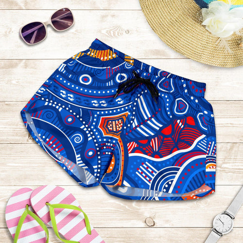 Aboriginal Women's Shorts - Indigenous Footprint Patterns Blue Color - Vibe Hoodie