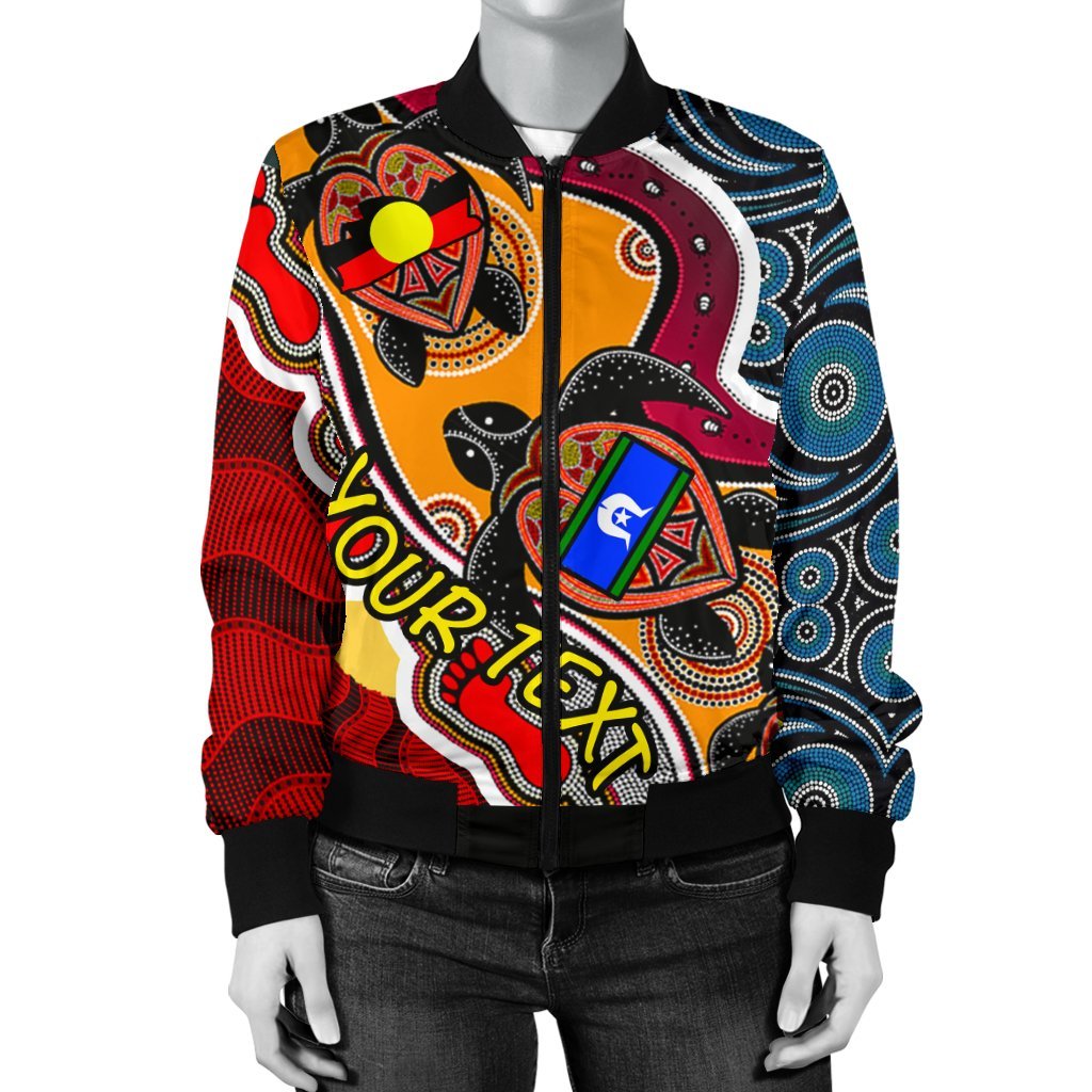 custom-womens-bomber-jacket-australia-aboriginal-dots-with-turtle-and-naidoc-flags