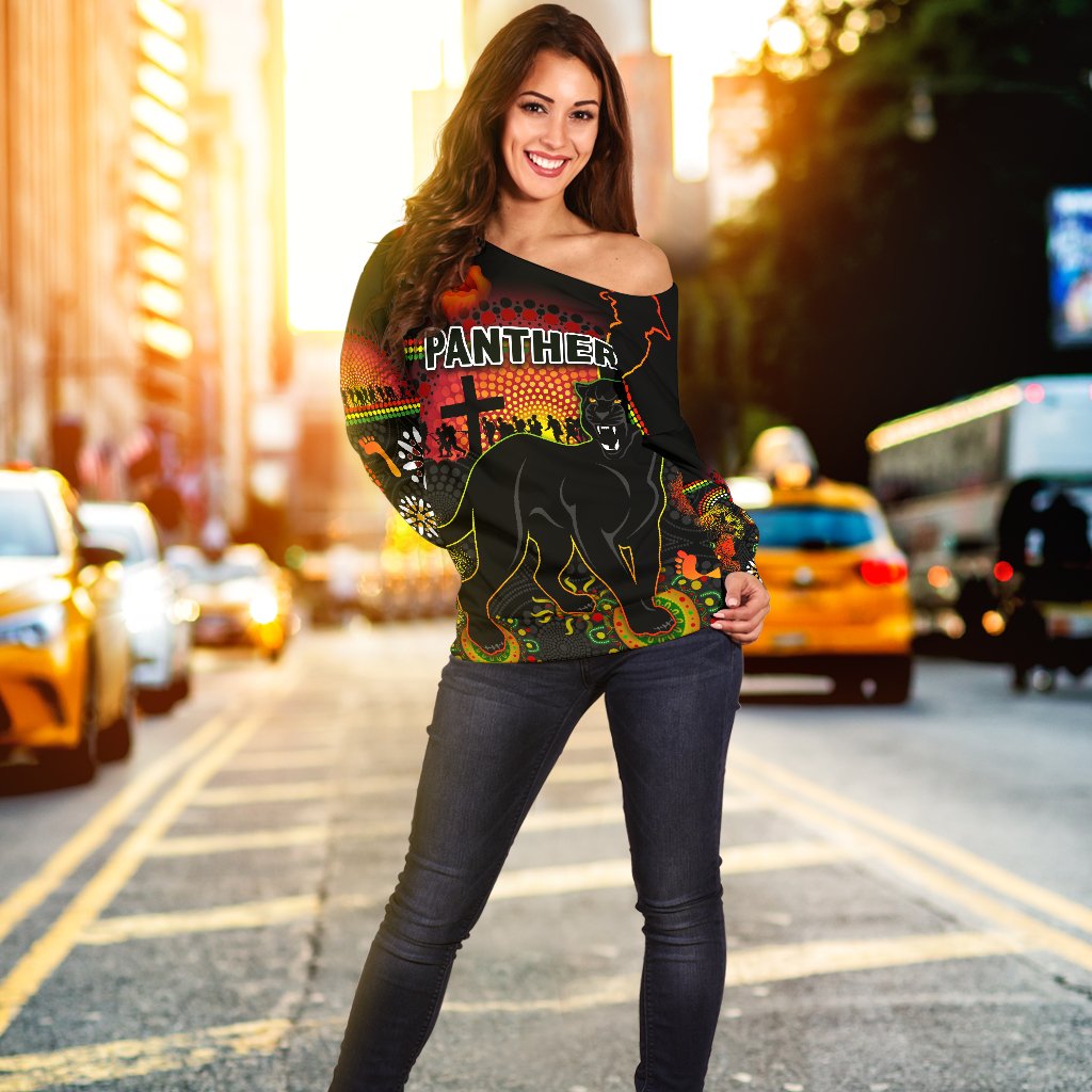 Penrith Women Off Shoulder Sweater Indigenous Panthers Anzac Day Lest We Forget - Vibe Hoodie