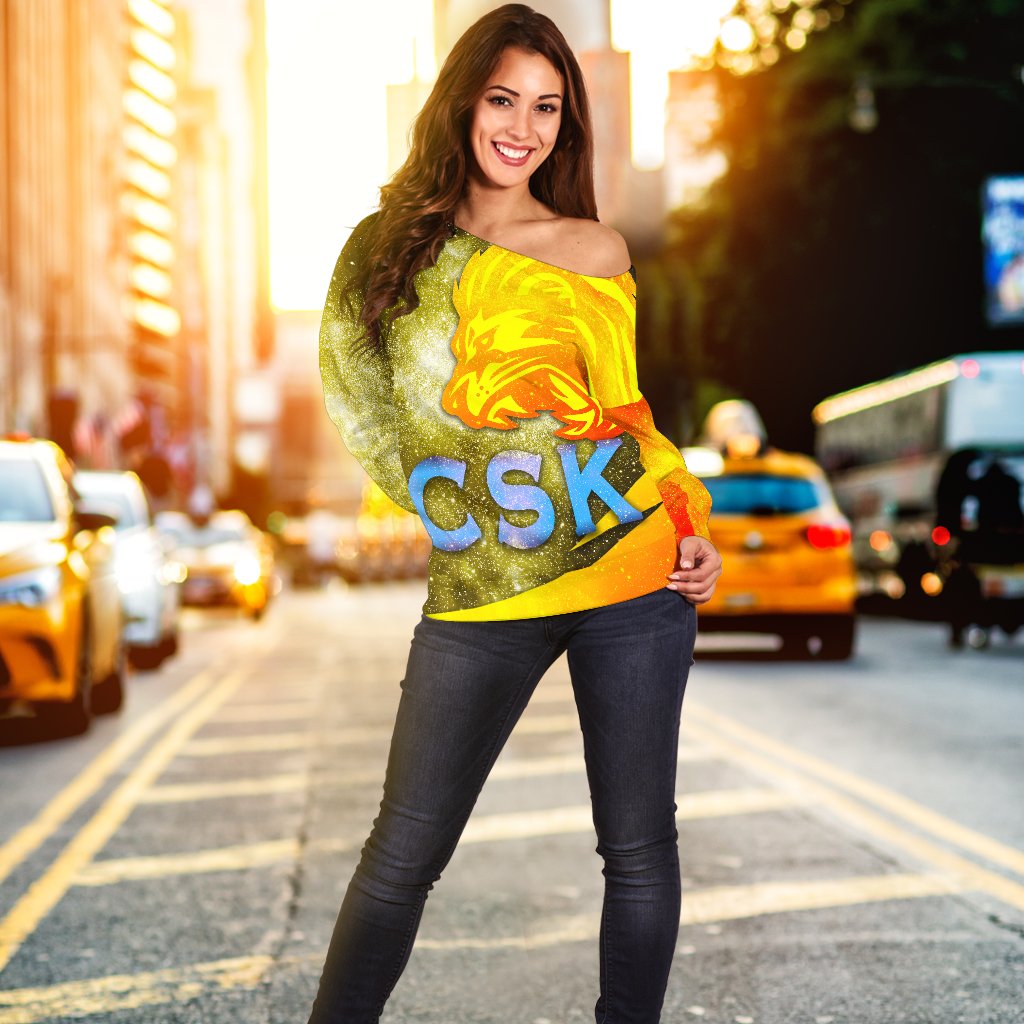 CSK Women Off Shoulder Sweater Cricket Universe Energy Vibes - Vibe Hoodie