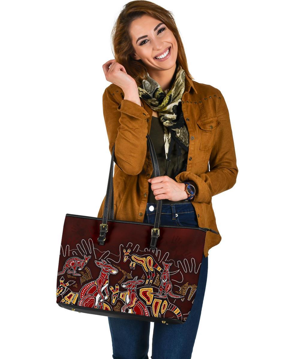 aboriginal-leather-tote-bag-kangaroo-family-with-hand-art