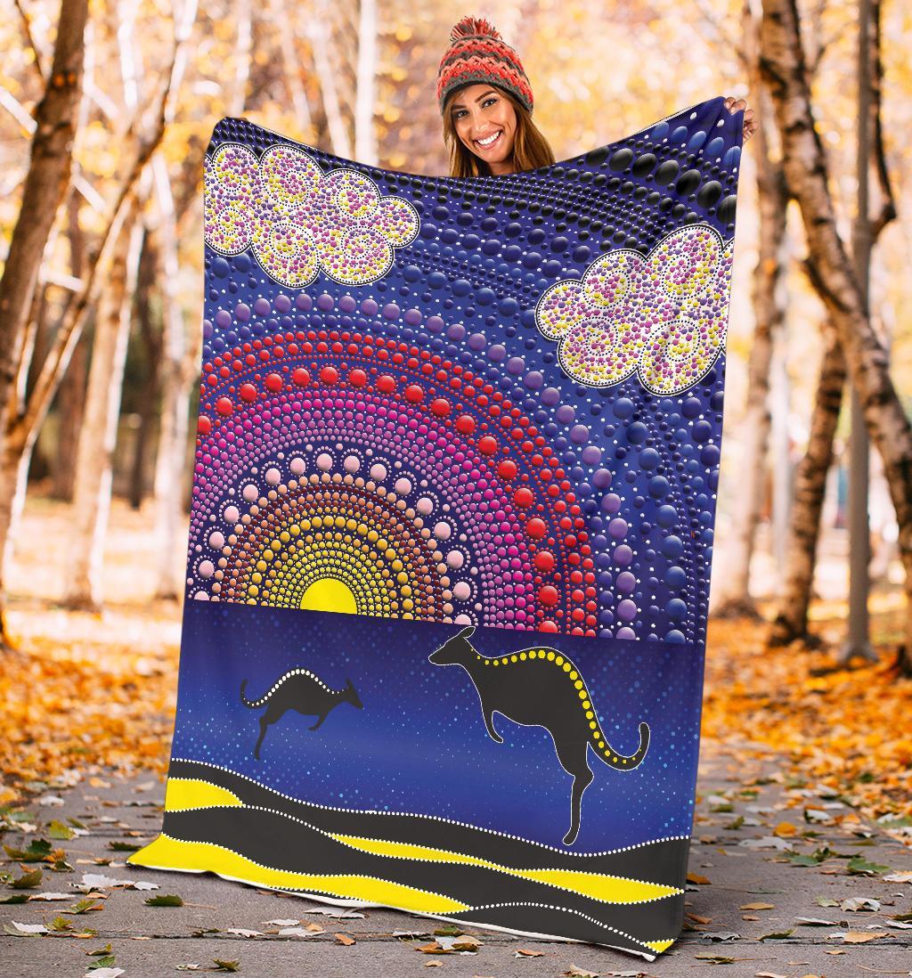 aboriginal-premium-blanket-sunset-over-the-sea-and-kangaroo-dot-painting
