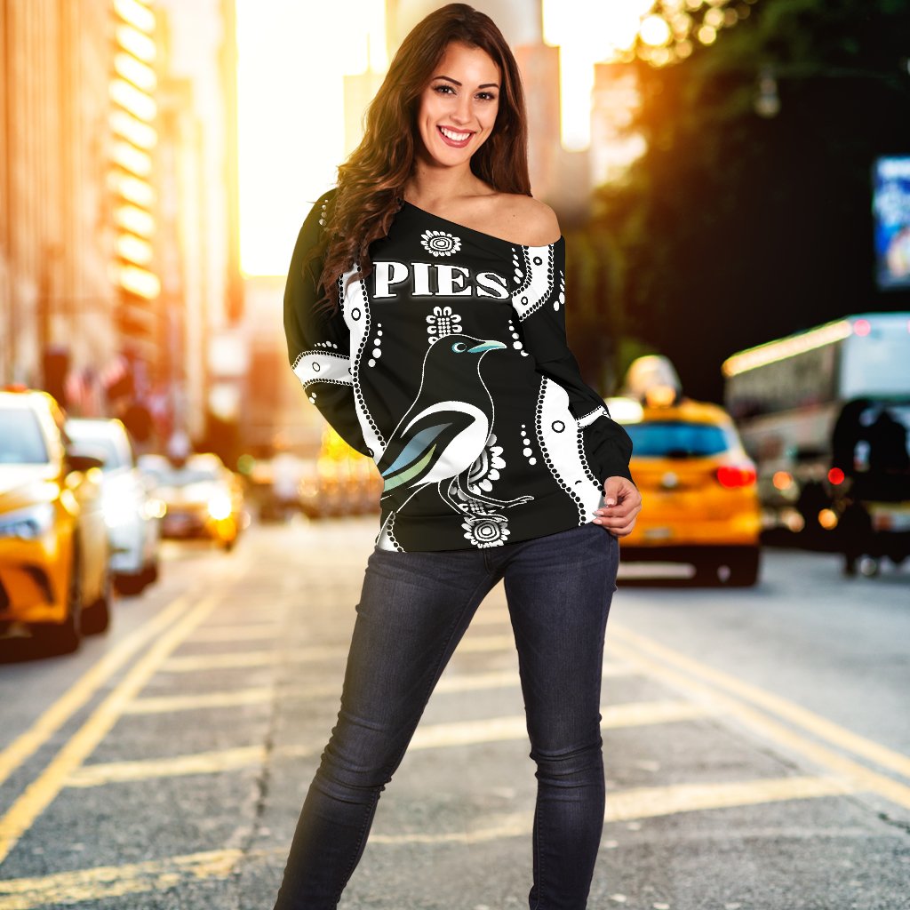 Collingwood Women Off Shoulder Sweater  Pies Indigenous - Black - Vibe Hoodie