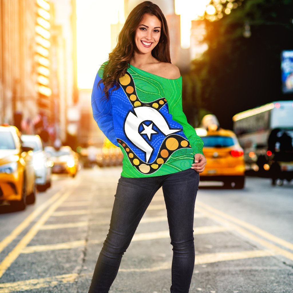 Torres Strait Islands Women's Off Shoulder Sweater -  Flag with Aboriginal Patterns - Vibe Hoodie