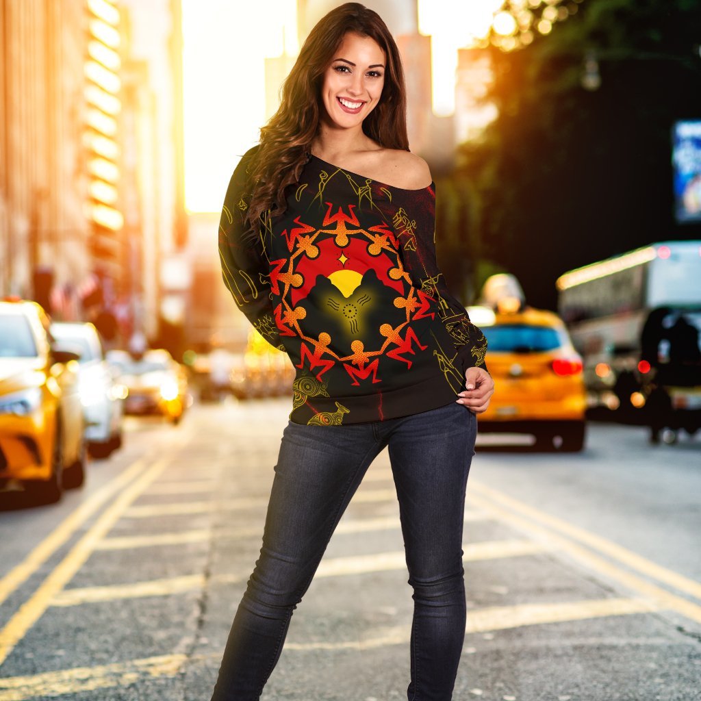 Aboriginal Women's Off Shoulder Sweater - Australia Map and Indigenous Flag - Vibe Hoodie