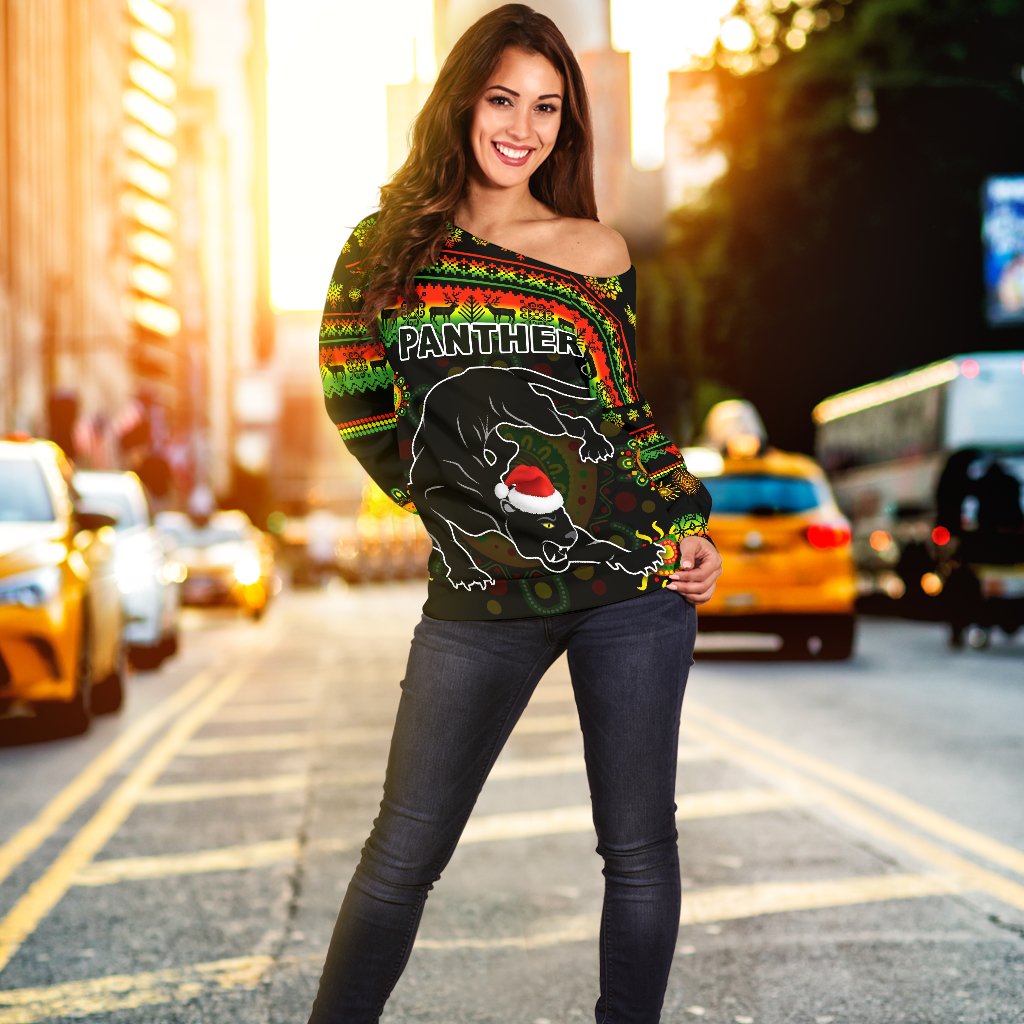 Penrith Panthers Christmas Women's Off Shoulder Sweater Indigenous - Vibe Hoodie