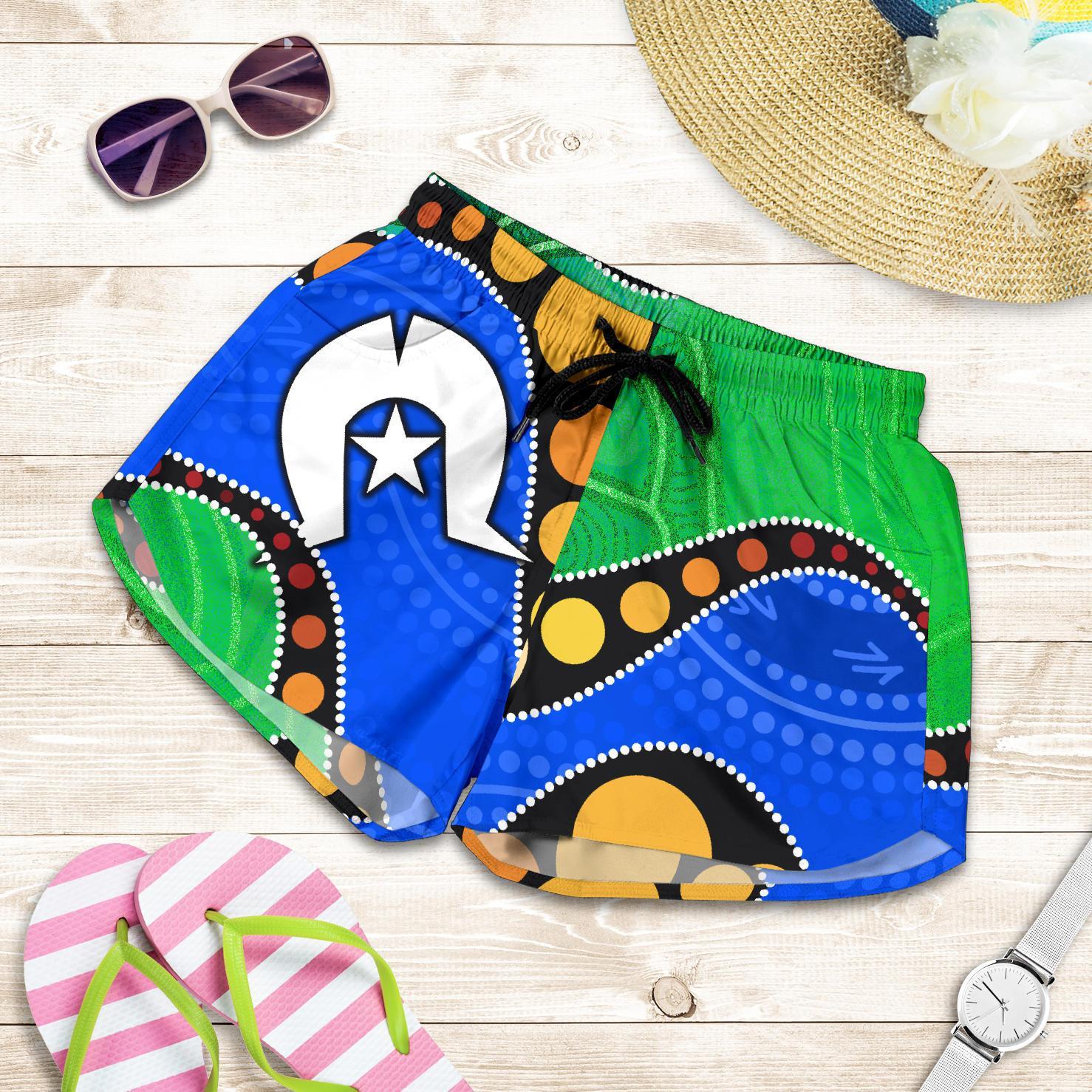Torres Strait Islands All Over Print Women's Shorts -  Flag with Aboriginal Patterns - Vibe Hoodie