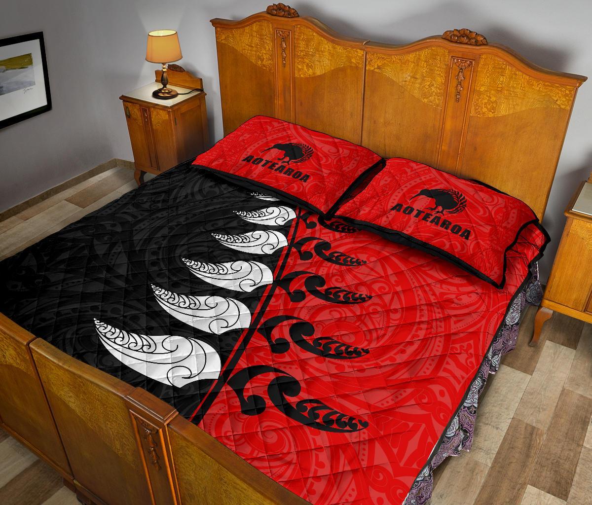 quilt-bed-set-nz-aotearoa-silver-fern-koru-style-red