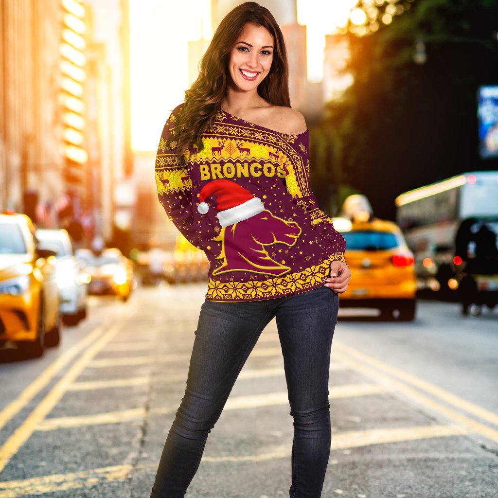 Brisbane Women Off Shoulder Sweater Broncos Christmas Unique Vibes - Maroon - Vibe Hoodie
