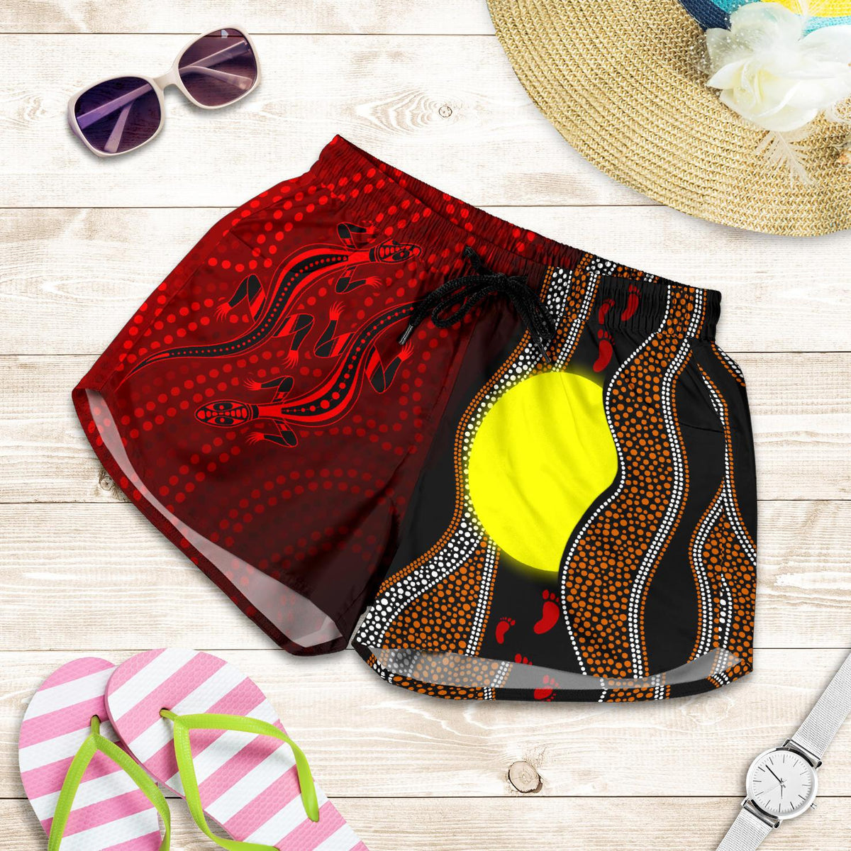 Aboriginal Women Shorts - Aboriginal Flag Lizard Dot Painting Style - Vibe Hoodie