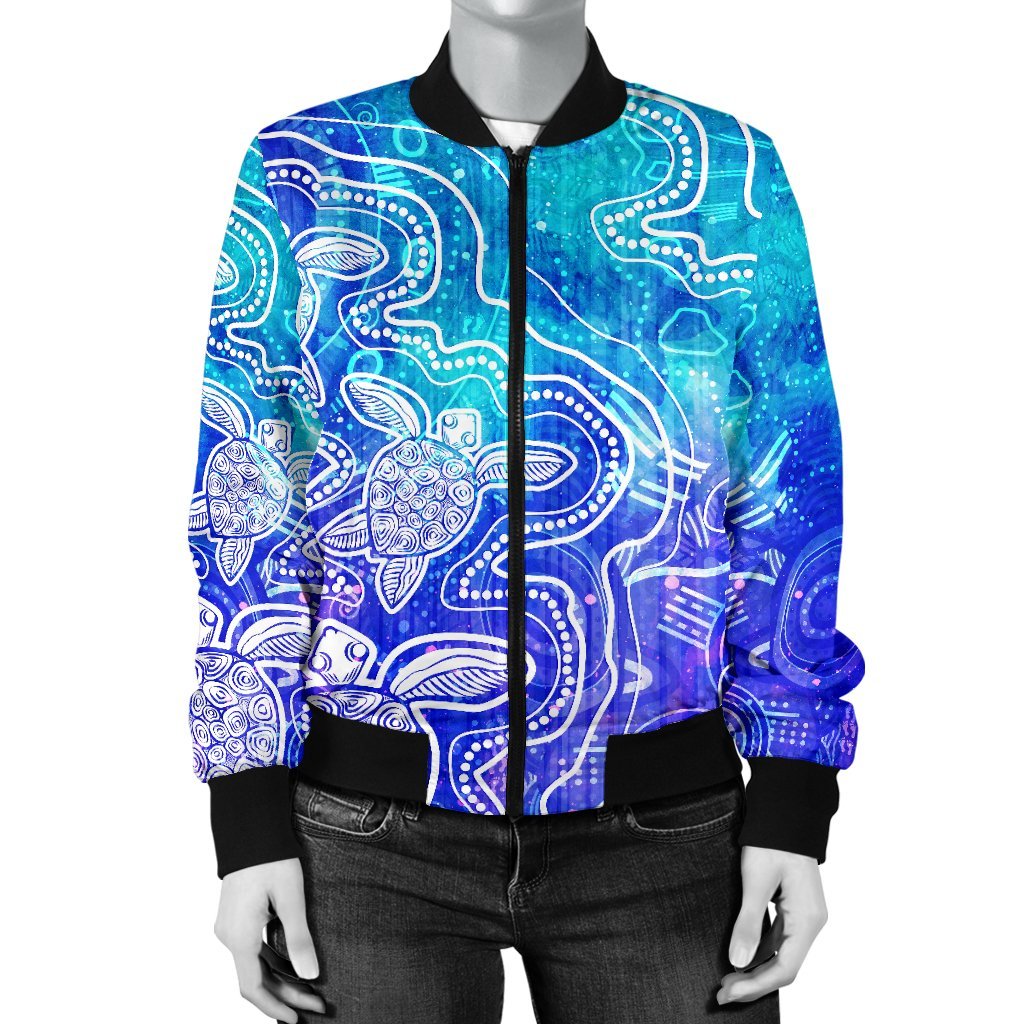 aboriginal-womens-bomber-jacket-sea-turtle-with-indigenous-patterns-blue