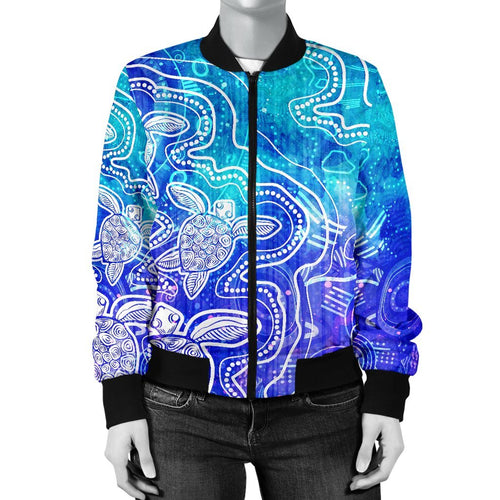 aboriginal-womens-bomber-jacket-sea-turtle-with-indigenous-patterns-blue