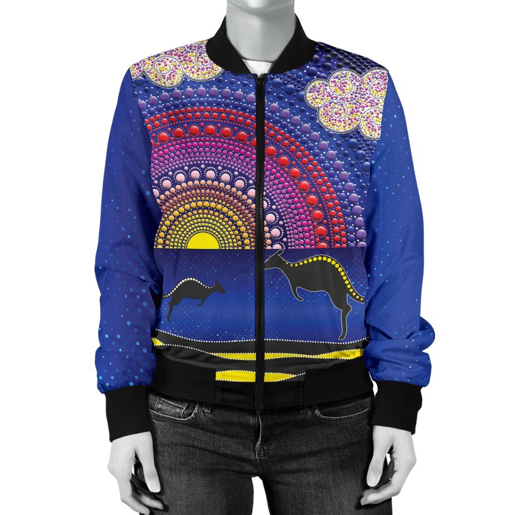 aboriginal-womens-bomber-jacket-sunset-over-the-sea-and-kangaroo-dot-painting