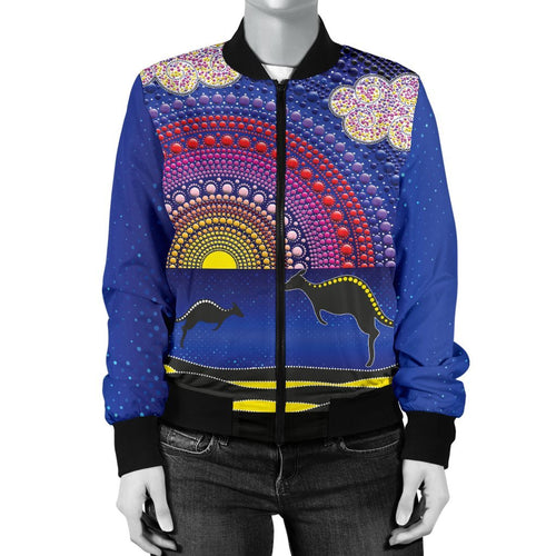 aboriginal-womens-bomber-jacket-sunset-over-the-sea-and-kangaroo-dot-painting