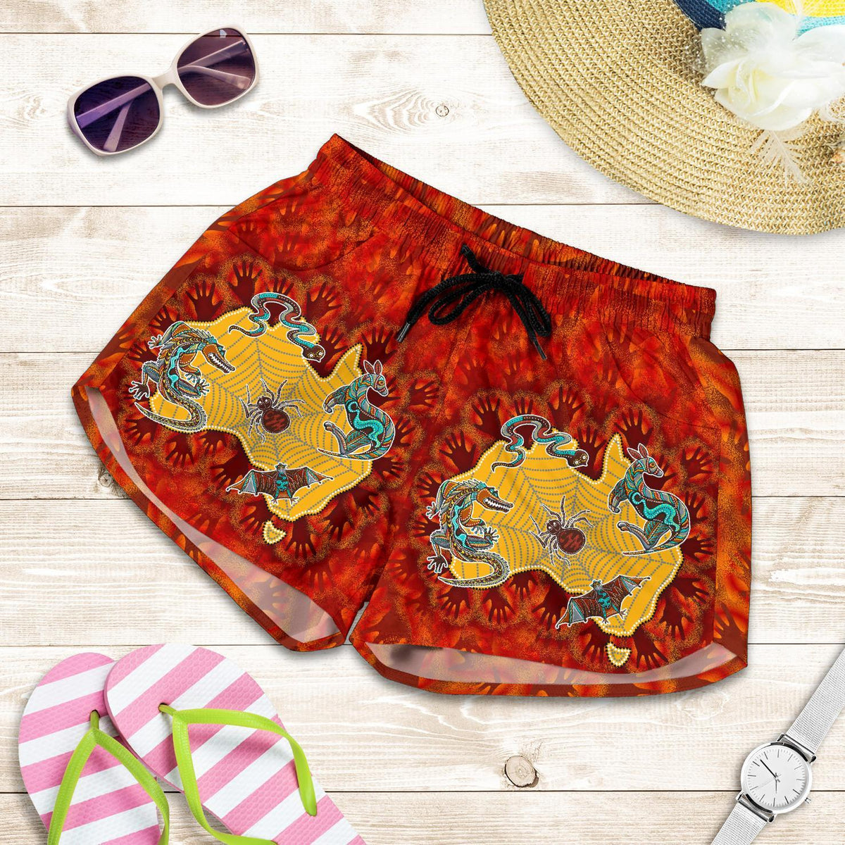Aboriginal Women's Shorts - Australia Map Hand Patterns Spider Web - Vibe Hoodie