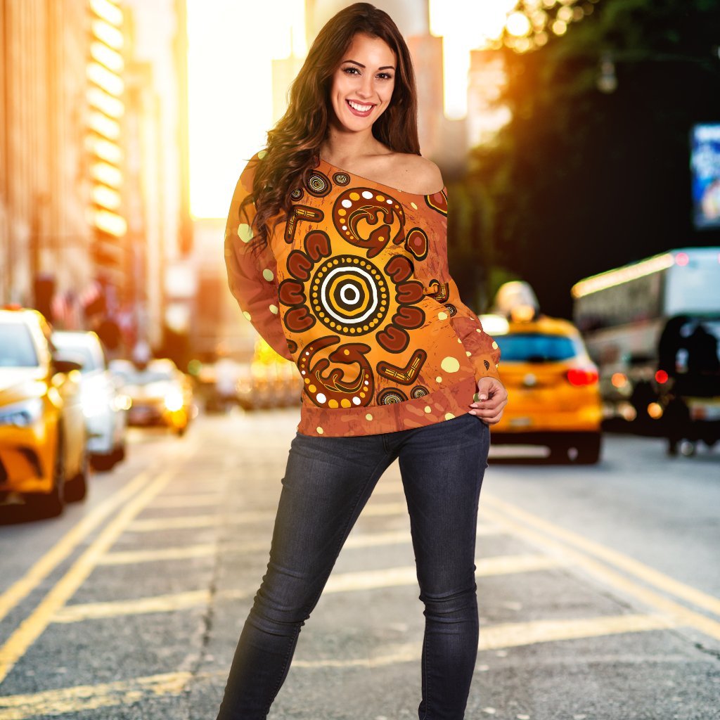 Aboriginal Women's Off Shoulder  - Baby Kangaroo And Dot Painting Patterns - Vibe Hoodie