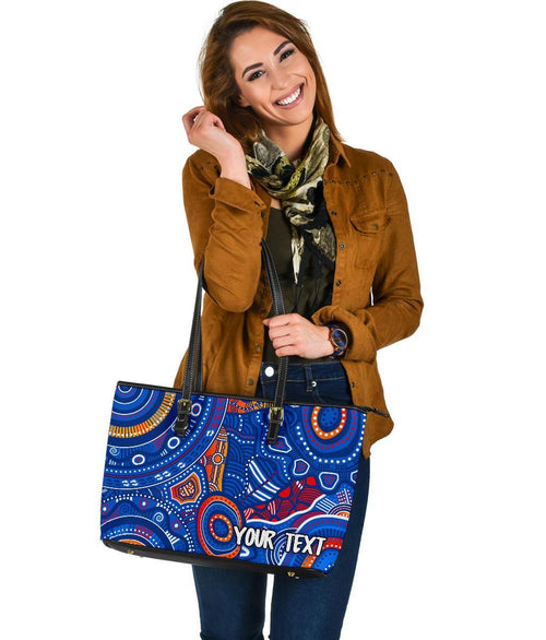 custom-text-aboriginal-large-leather-tote-bag-indigenous-footprint-patterns-blue-color