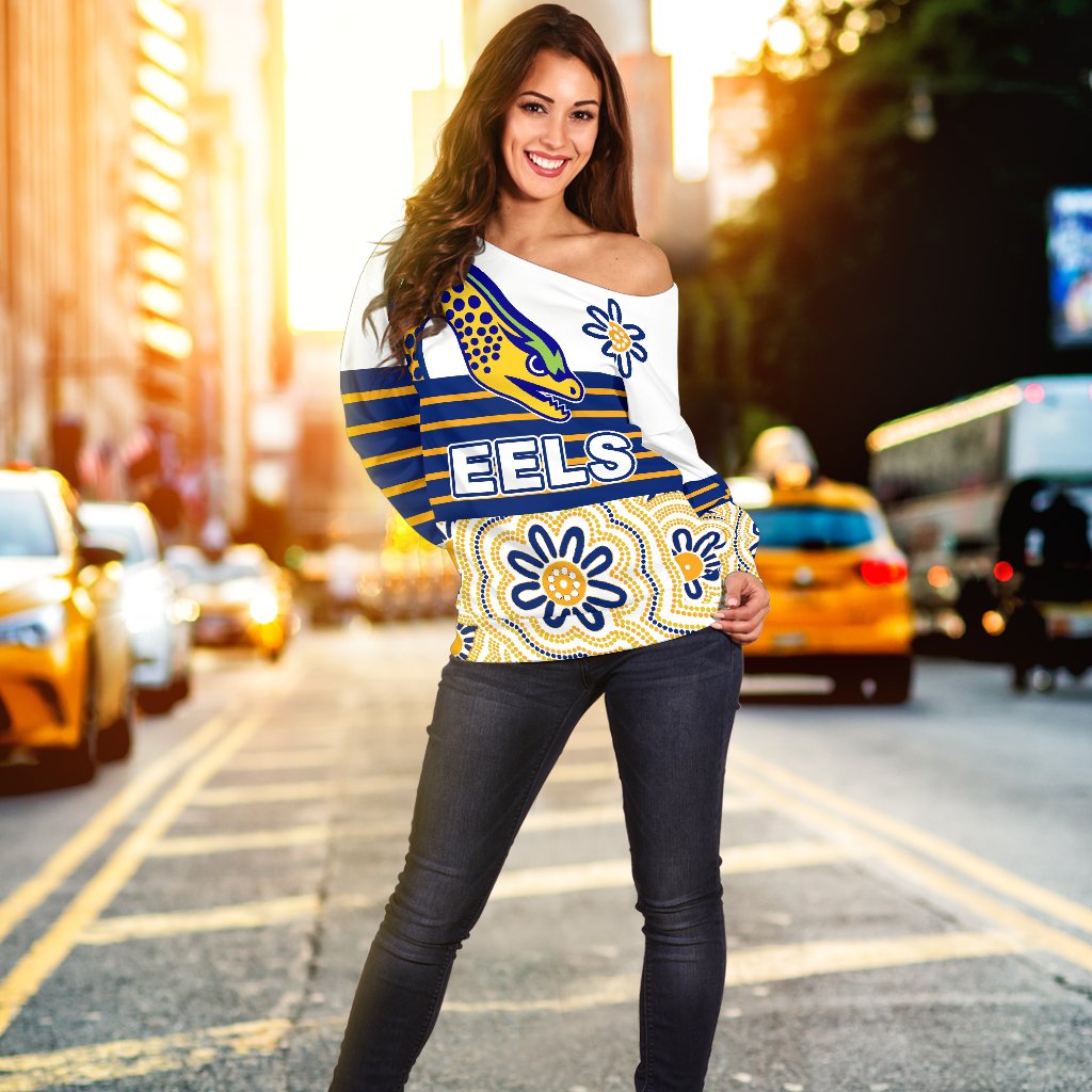 Eels Rugby Off Shoulder Sweater Indigenous Parramatta Newest White - Vibe Hoodie