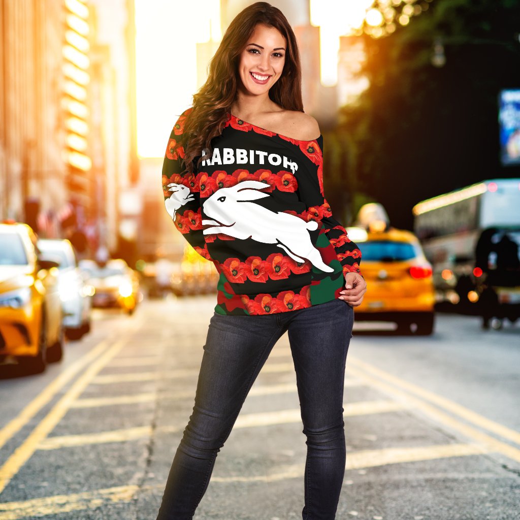 South Sydney Rabbitohs Women's Off Shoulder Sweater Anzac Day Poppy Flower Vibes - Vibe Hoodie