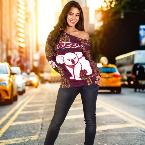 Queensland Women Off Shoulder Sweater Indigenous Reds - Vibe Hoodie