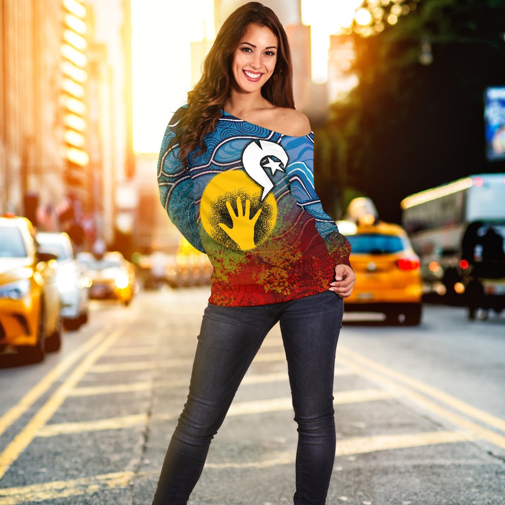 Aboriginal Women's Off Shoulder Sweater - Aboriginal and Torres Strait Islanders Flag - Vibe Hoodie