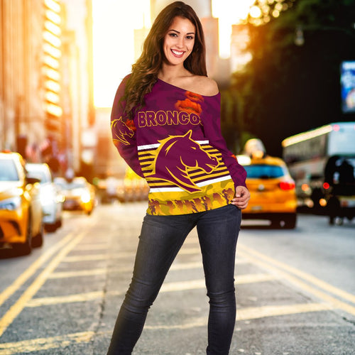 Brisbane Broncos Women's Off Shoulder Sweater Anzac Day Simple Style - Maroon - Vibe Hoodie