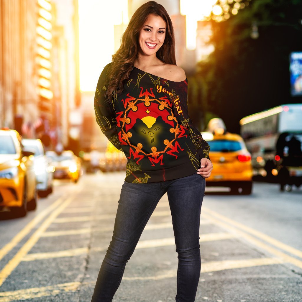 [Custom] Aboriginal Women's Off Shoulder Sweater - Australia Map and Indigenous Flag - Vibe Hoodie