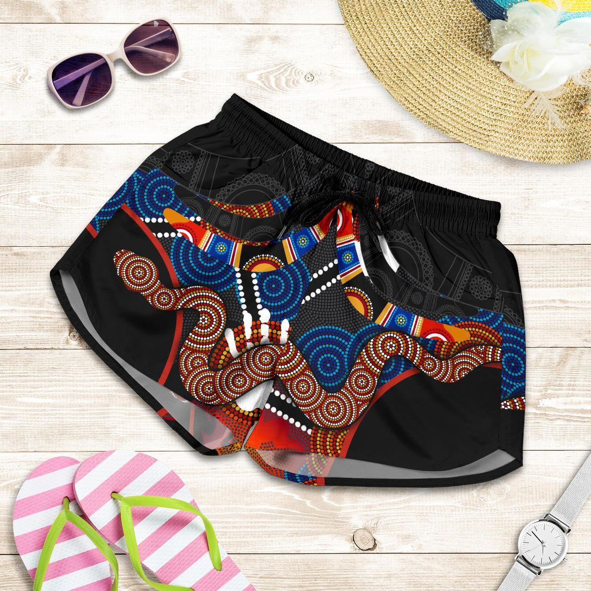 Aboriginal Women's Shorts, Australian Boomerang and Snake Indigenous Art - Vibe Hoodie