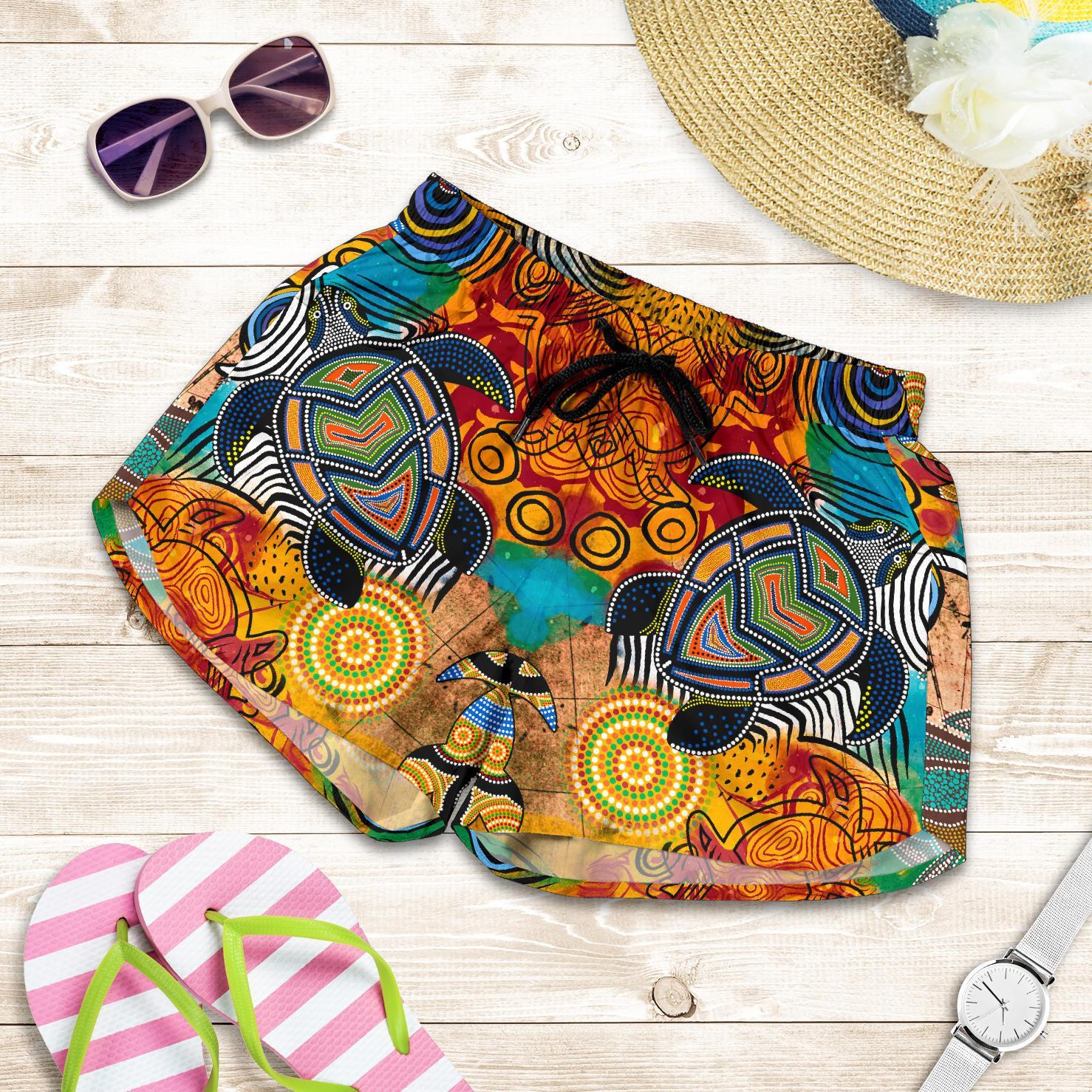 Aboriginal Women's Shorts - Turtle Indigenous Art - Vibe Hoodie