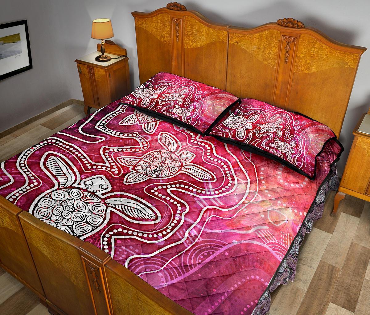 aboriginal-quilt-bed-set-sea-turtle-with-indigenous-patterns-pink