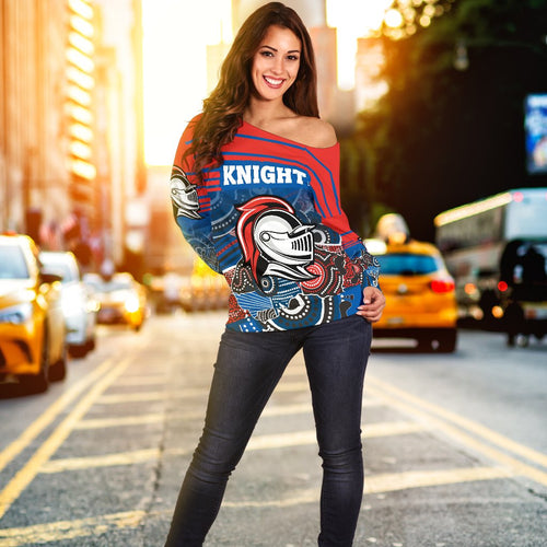 (Custom Personalised) Knights Women's Off Shoulder Sweater Newcastle Aboriginal Horizontal Style - Vibe Hoodie