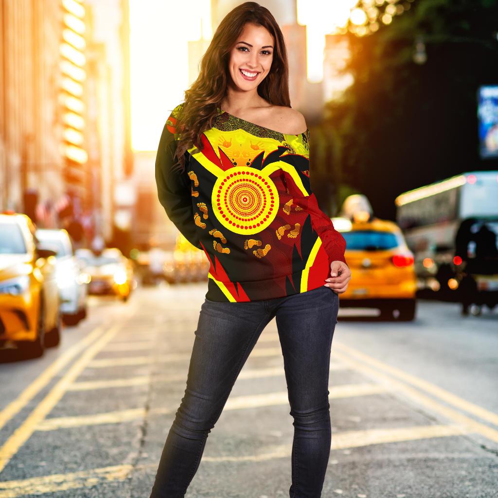 Aboriginal Shoulder Sweater -  Indigenous Flag With Footprint Hand Art - Vibe Hoodie