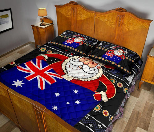 christmas-personalised-quilt-bed-set-australia-santa-claus-hold-the-flag-black