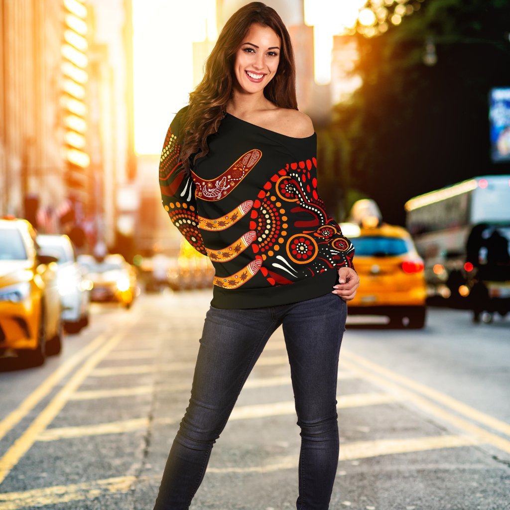 Aboriginal Women's Off Shoulder Sweater - Aboriginal Boomerangs With Dot Painting Pattern - Vibe Hoodie