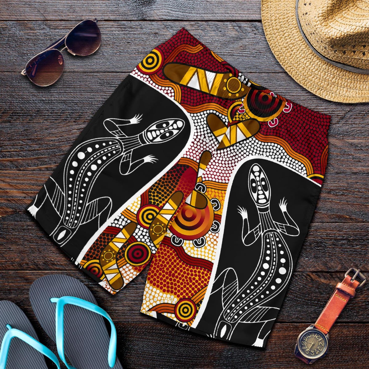 aboriginal-shorts-lizard-patterns-boomerang-indigenous-dot-painting-men