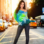 [Custom Text] Aboriginal Women's Off Shoulder Sweater - Indigenous Turtle Ocean Dot Painting Art - Vibe Hoodie