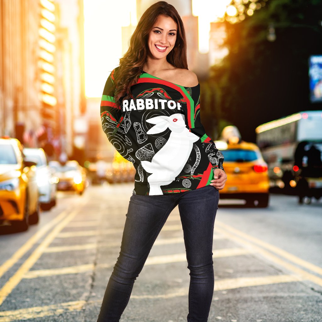 Rabbitohs Women Off Shoulder Sweater Indigenous Mystery Vibes - Vibe Hoodie