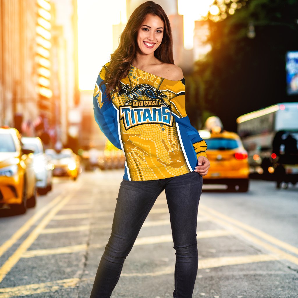 (Custom Personalised) Titans Women's Off Shoulder Sweater Gold Coast Aboriginal Armor Version - Vibe Hoodie