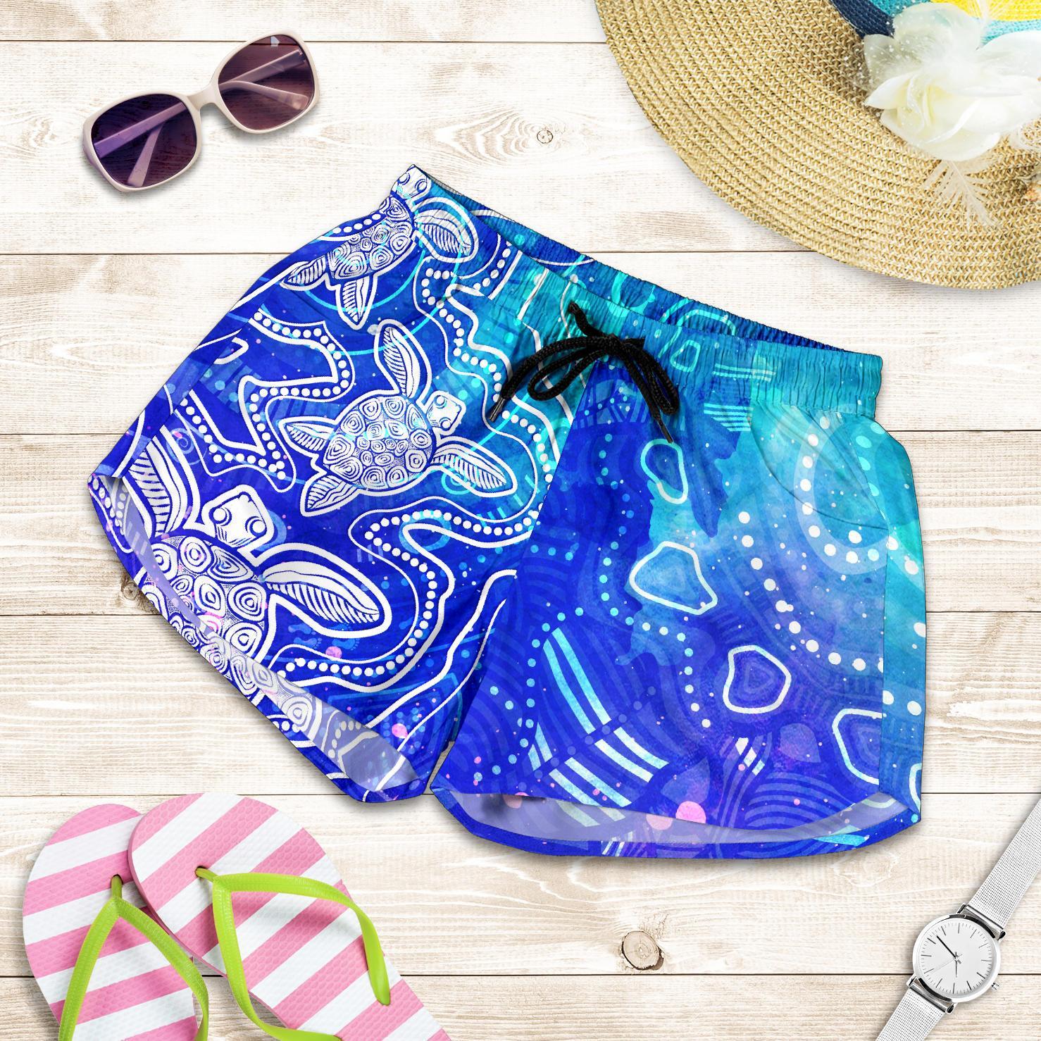 Aboriginal Women Shorts - Sea Turtle With Indigenous Patterns (Blue) - Vibe Hoodie