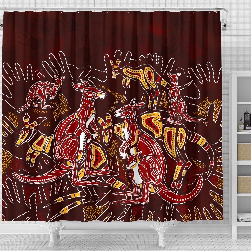 aboriginal-shower-curtain-kangaroo-family-with-hand-art