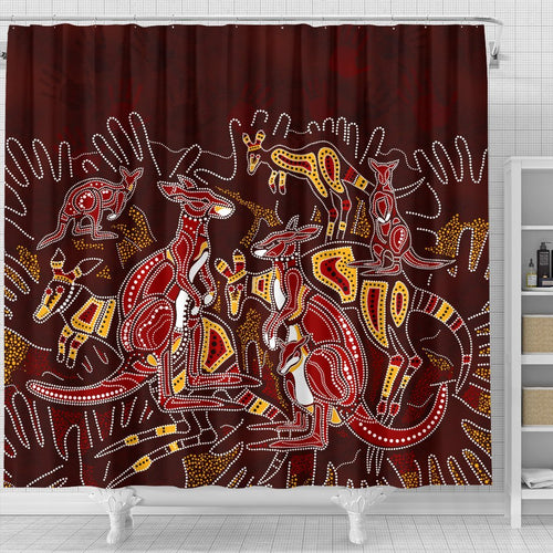 aboriginal-shower-curtain-kangaroo-family-with-hand-art