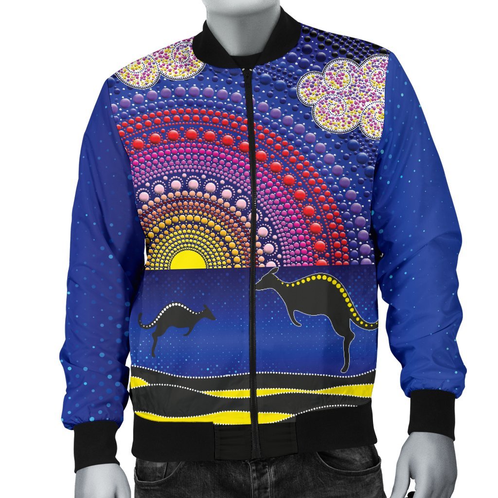 aboriginal-mens-bomber-jacket-sunset-over-the-sea-and-kangaroo-dot-painting