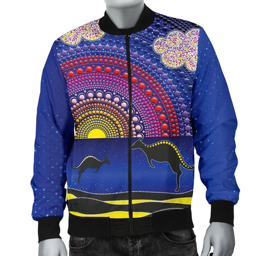 aboriginal-mens-bomber-jacket-sunset-over-the-sea-and-kangaroo-dot-painting