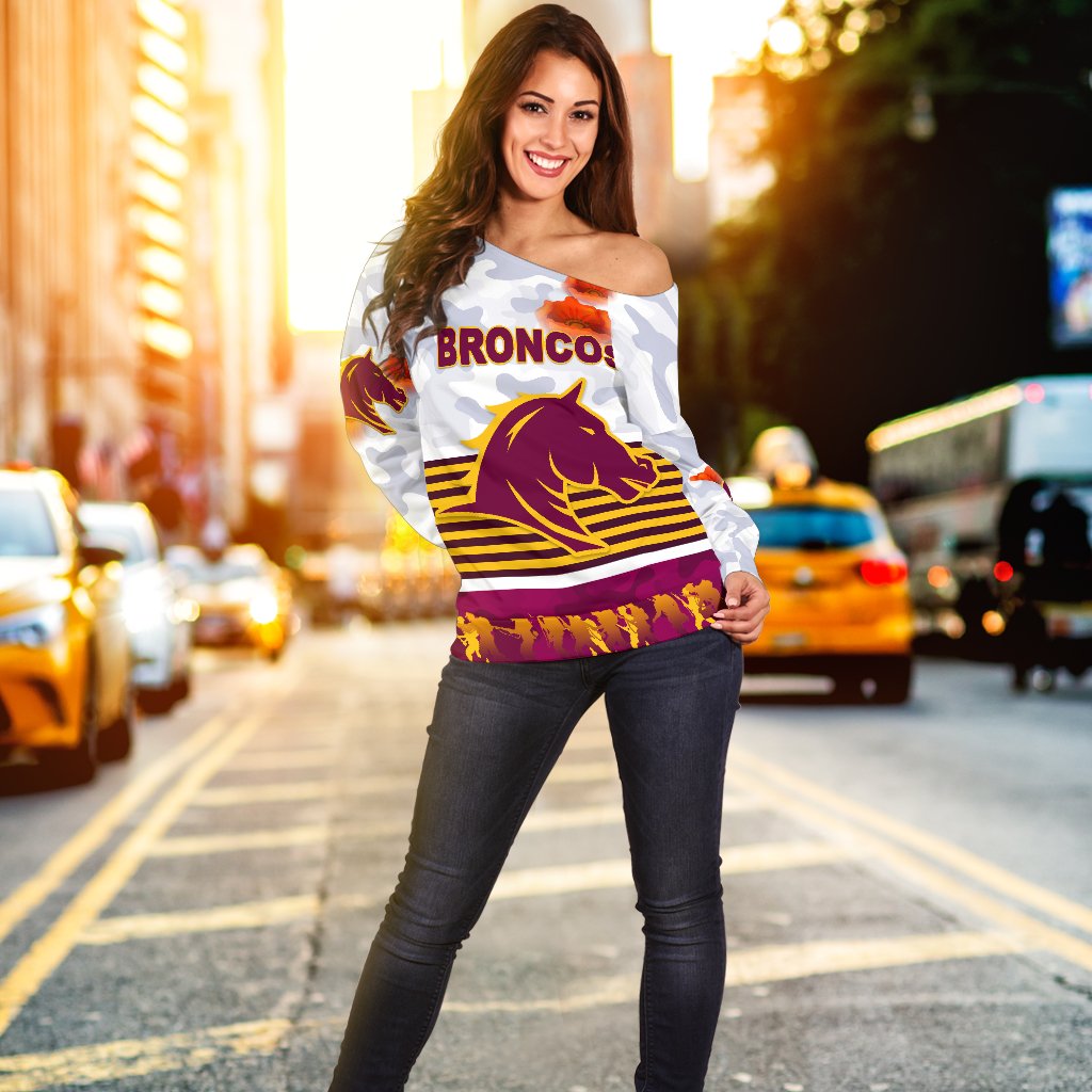 Brisbane Broncos Women's Off Shoulder Sweater Anzac Day Simple Style - White - Vibe Hoodie